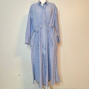 Universal Thread Blue White Stripe Cinch Waist Maxi Shirt Dress Button Front L